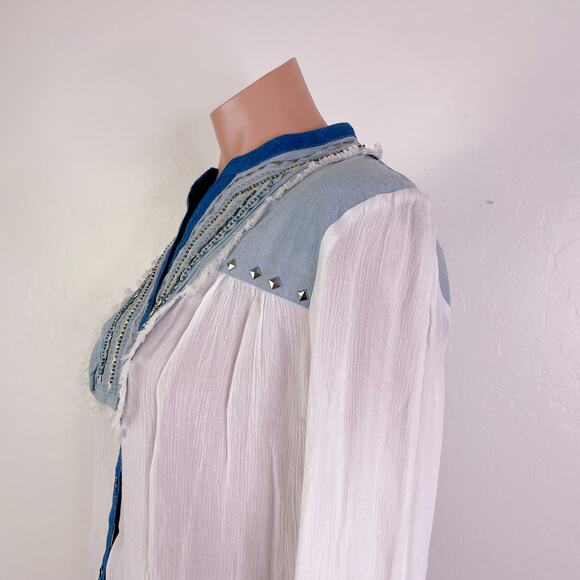 Desigual Western Rodeo Country Gauze Denim Fringe Sleeve Boho Top White S NWT - Picture 7 of 11